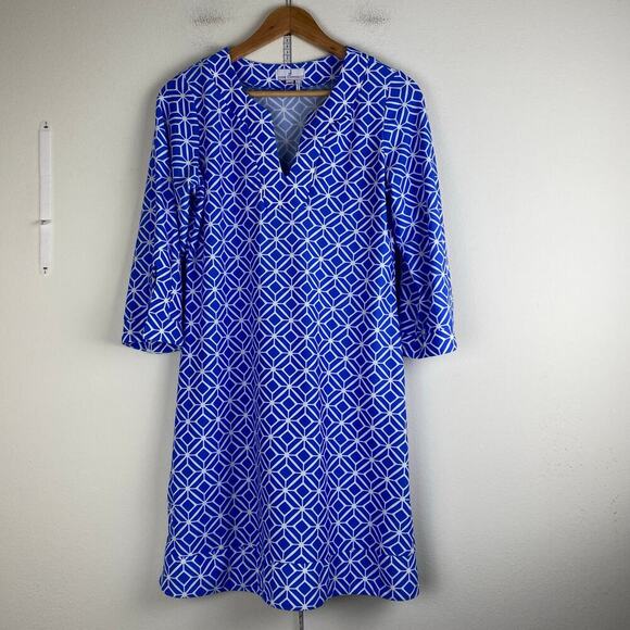 Jude Connally Megan Dress Size M Cobalt Blue Star Lattice 3/4 Sleeve Nautical - Picture 7 of 13